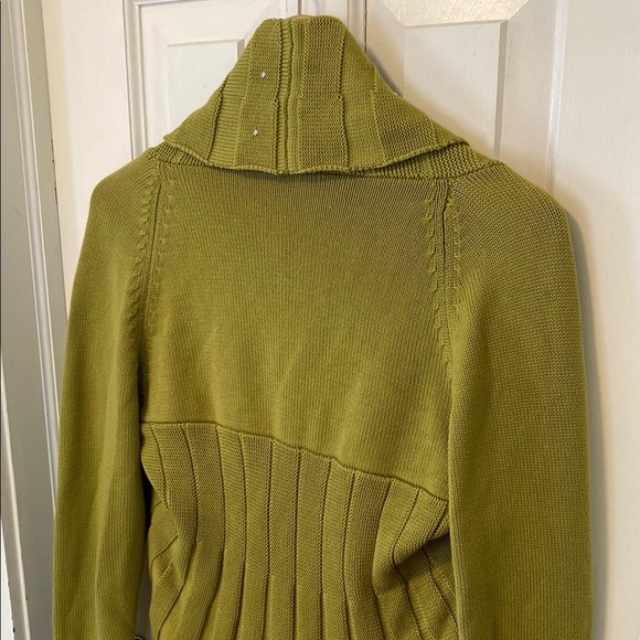 Simon Chang Olive Green Knit Cardigan Sweater Tie Closure Boho Designer Artsy - Picture 9 of 13